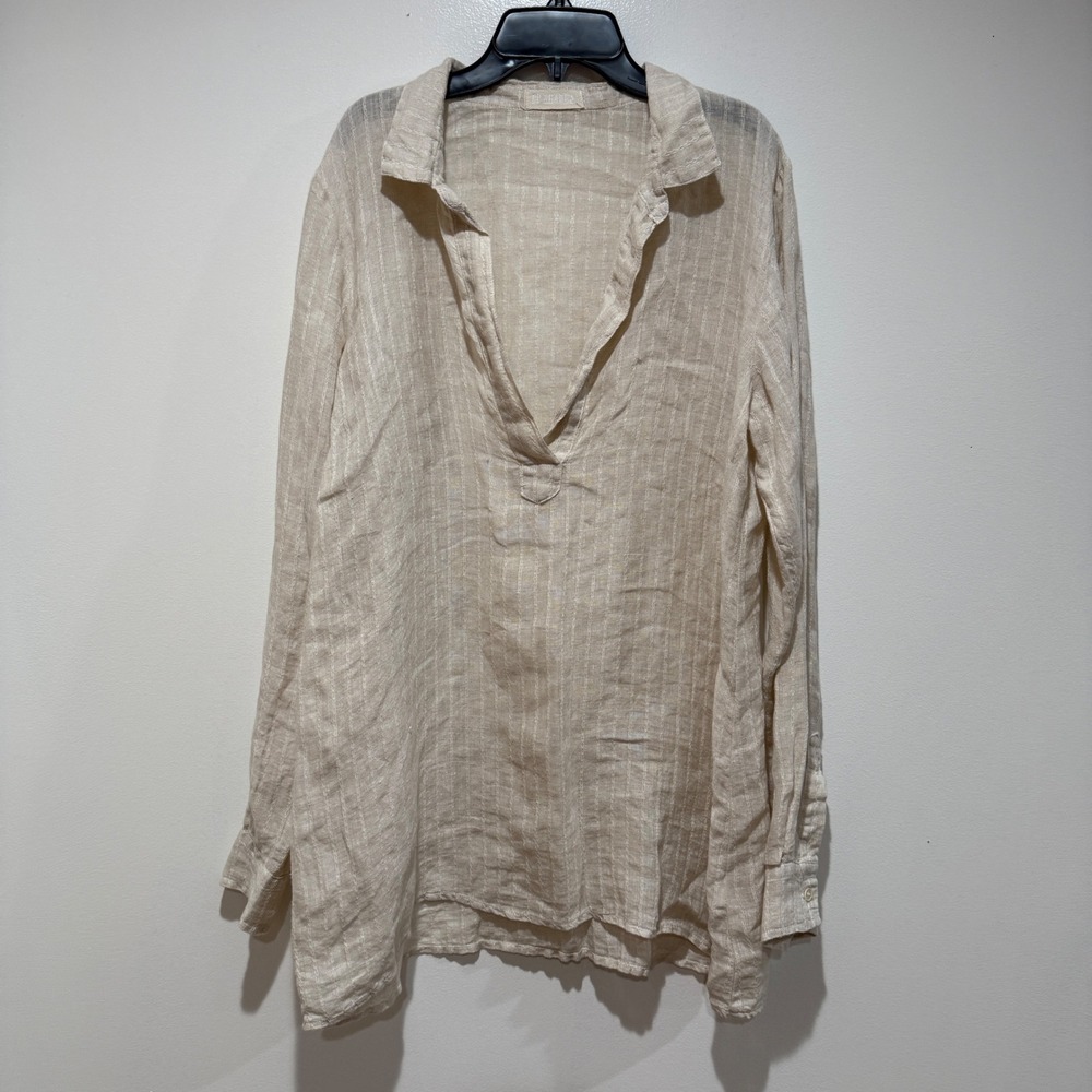 CP Shades Regina Linen Tunic S Tan White Striped Long Sleeve V-Neck Top Coastal